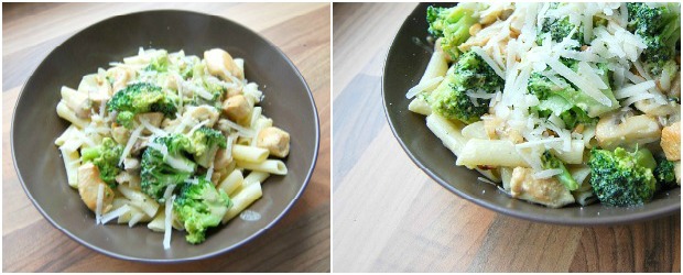 Pasta pesto met kip, broccoli en kastanje champignons